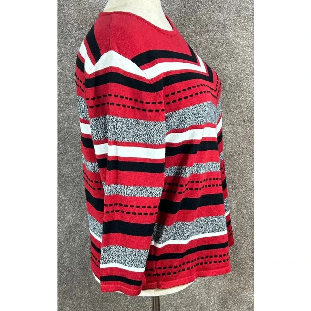 Alfred Dunner Sweater Womens XL Red Gray‎ Stripe Pullover 3/4 Sleeve Round Neck